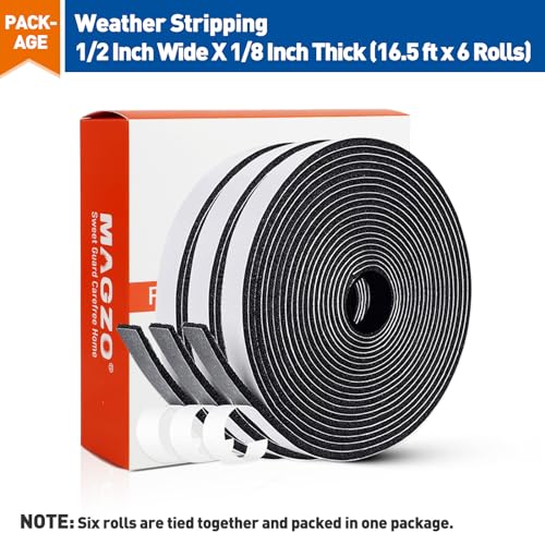 MAGZO Weather Stripping Door Seal, 1/2 in W X 1/8 in T X 99 Ft Total Adhesive Foam Insulation Tape for Windows 16.5 ft X 6 Rolls, Black - size: 1/2in * 1/8in * 99FT