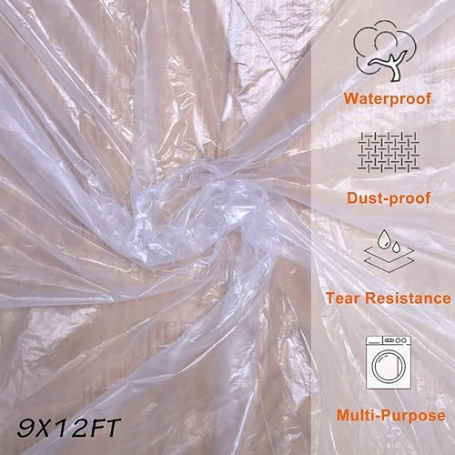 Clear Plastic Sheeting Drop Cloths for Painting, 5 Pcs 9x12ft Plastic Tarp Waterproof Dustproof Almost Tear Resistance Multi-Purpose Furniture Cover Floor Wall Protection Film
