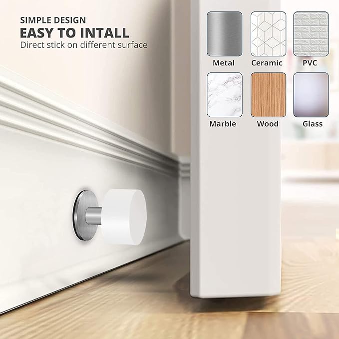 Door Stop, White Silicone with Stainless Steel Base, Self-Adhesive Wall Mounted, Impact Absorbing Design for Walls and Furniture Protection.1.57in.2-Pack