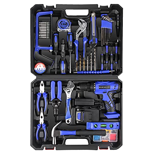 jar-owl 21V Tool Set with Drill, 350 in-lb Torque, 0-1350RMP Variable Speed, 10MM 3/8'' Keyless Chuck, 18+1 Clutch, 1.5Ah Li-Ion Battery & Charger for Home Tool Kit - style: 21V Brushed Motor Blue