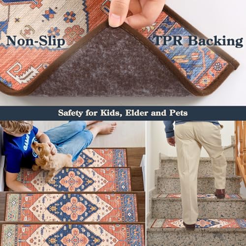 Lahome Stair Treads Non Slip 15 Pack 8" X 30" Stair Treads for Wooden Steps, Washable Self Adhesive Stair Runners Stain Resistant Stair Carpet, Edging Stair Rug for Kids, Elders and Dogs Dorie, Rust - color: Rust