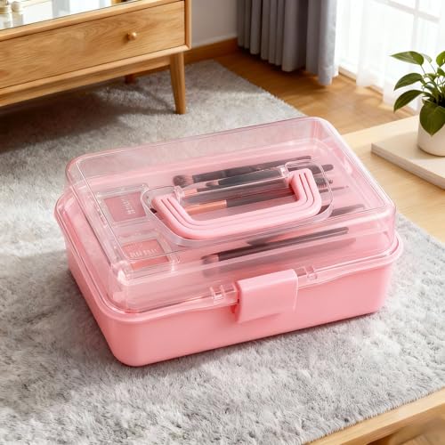 3 Layers Pink Craft Art Box, Plastic Portable Tackle Box, Sewing Organizer for Crafts, Sewing Supplies, Jewelry and Tools - color: Pink