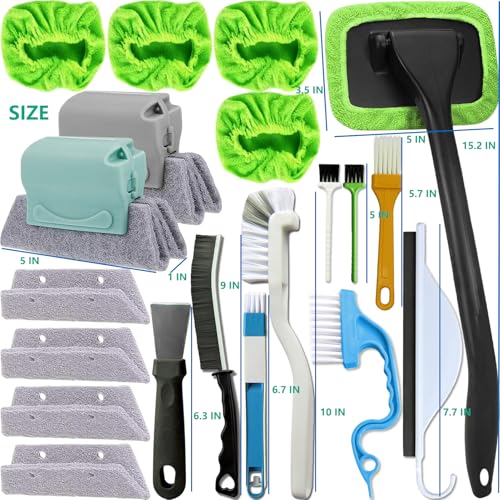 CRAFNEW 20Pcs Window Cleaning Kit, Household Cleaning Tools with Squeegee, Brushes, Microfiber Pads for Window Track, Sliding Door, Glass Door, Bathroom Mirror, Car Windshield