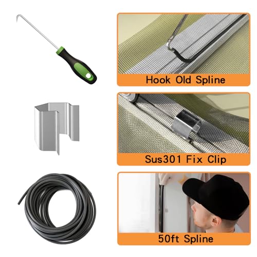 King&Charles Window Screen Door Repair/Replacement Kit, Include Gray Screen Mesh 48"x118"+ 2 Roller+50Ft Spline+8Clips+Hook, 6 in 1 Window Mesh Kit, Steel/Nylon Bearing Roller - color: Gray, size: 48"×118" Kit