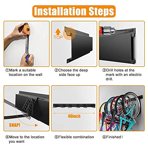 TORACK Bike Storage Rack, 6 Bike Rack Wall Mount Home and Garage Organizer, Vertical Bicycles Hanger Hooks for Indoor Space Saving - size: 48" Rail
