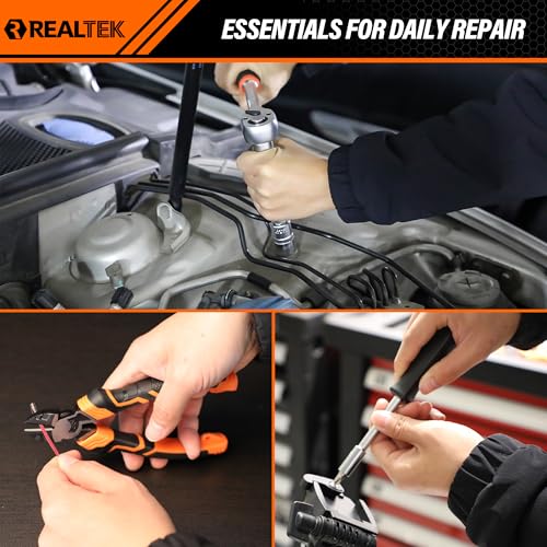 REALTEK 100 Piece Mechanic Tool Set, Car Tool Kit, Cr-V Socket Wrench Auto Repair Kit Includes Socket Accessories, Pliers, Heavy Hammer, Screw Drivers, General Households Tools with Larger Case