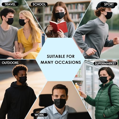 NNPCBT Black Individually Wrapped Masks 50pcs, Disposable Face Masks for Adults, 3 Ply Breathable Face Mask Black Indoor Outdoor - color: Adult-50 Pcs-ind Black