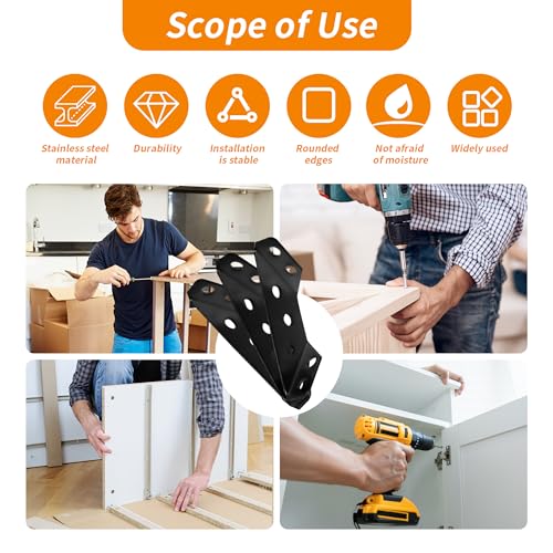 12Pcs Black Universal Stainless Steel Furniture Corner Connector with 80 Screws, Trapeziform Corner Brackets, Angle Corner Brace for Wood Shelves, Chair Drawer Cabinet Tables
