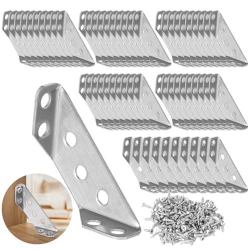 60 Pcs Stainless Steel Angle Corner Brackets, Universal Stainless Steel Furniture Corner Connector, 90 Degree Corner Braces for Wood, with 420 Screws, 2.4 in Long Side