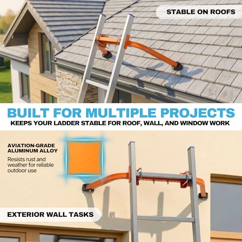 Ladder Stabilizer – Aluminum Ladder Standoff for Extension Ladder | Adjustable Half Frame Stabilizer with Dual Arms for Roof, Gutter Cleaning & Wall Work | Non-Slip Rubber Pads - color: Aluminum Ladder Stabilizer Half-Frame