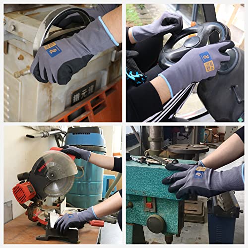 HANDLANDY 6 Pairs Safety Work Gloves with MicroFoam Nitrile Coated - Breathable Nylon Gloves with Grip for Men & Women - size: 9/Large, style: 3 Pairs - Gray