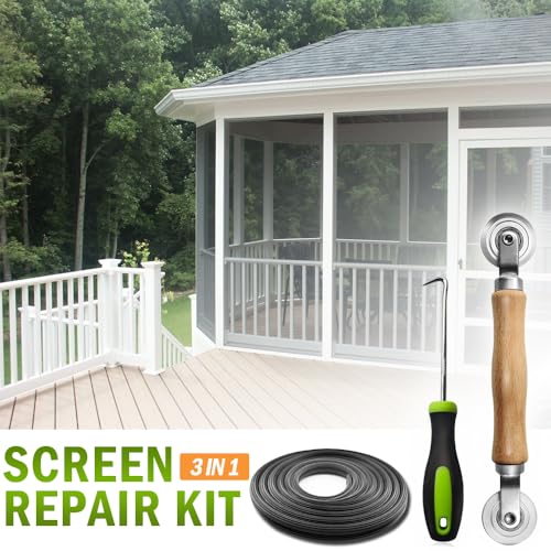 Screen Repair kit, Screen Roller Tool, Steel Roller with Bear+32ft Screen Spline+Removal Hook, 3 in 1 Window Screen Door Repair Kit,for Installing Door Window Mesh - size: Steel Roller+spline+pick