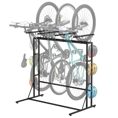 OYEAL Vertical Bike Stand, Free Standing Bike Rack Garage with 6 Hooks, Indoor/Outdoor Floor Bike Storage for 3 Adult Mountain/Road &1 Kids Bikes, Max Tire Width 2.6”, Black