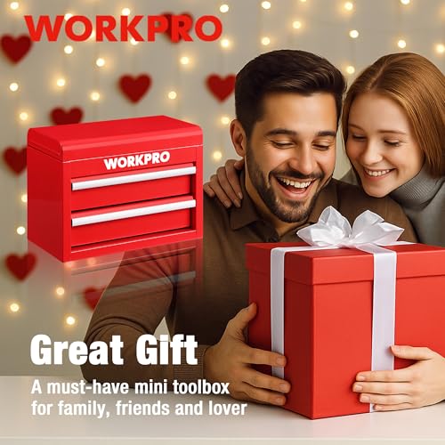 WORKPRO Metal Mini Tool Box, Top Tool Chest containing Two Drawers with Ball Bearing Slides, PVC Drawer Liners and PP Feet Pads, Durable Cold Rolled Steel Small Toolbox for Multi-Purpose Storage - color: Red