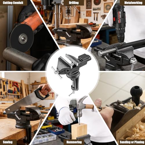 Bench Vise 3 Inch, Home Vise with 360° Swivel Base, Dual-Purpose Heavy Duty Cast Iron Table Vise, Clamp-On Vise for Woodworking, Metalworking, Drilling and DIY Projects