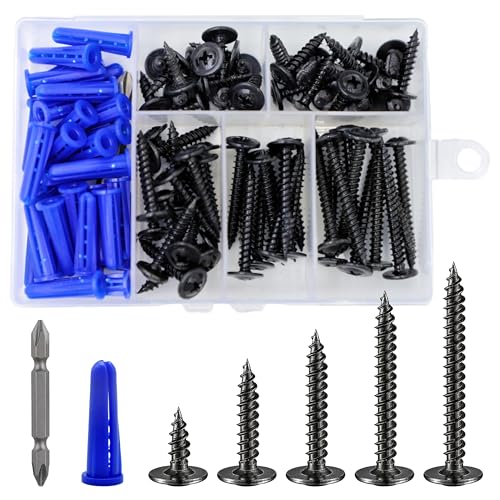 Wensilon(95 pcs)#8 Black Truss Head Wood Screws Quick Metal Self Tapping Zinc Oxide with Drywall Plastic Anchors Assortment Kit - size: Black Phillips Truss Head Wood Screws