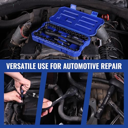 WORKPRO 39PC Drive Socket Wrench Set, 1/4'' & 3/8'' Sockets Kit, 3/8" Ratchet, Extension Bar, Spinner Handle & Adapter, Premium Black Phosphate Finish Mechanics Tool Set with Tool Box, Metric & SAE - color: Black