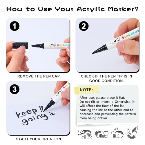 Swemos Acrylic Paint Pens Markers, Dual Tip with Fine Tip and Brush Tip Pens Acrylic Paint Markers Waterproof Acrylic Markers Set for Rock, Canvas Stone, Wood, Glass, Metal (BLACK+WHITE, 2) - style: BLACK+WHITE