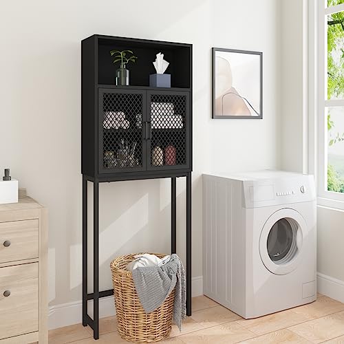 Launica Bathroom Organizer Over Toilet, Wood Metal Over The Toilet Storage, Industrial Bathrooms Space Saver Shelf Over Toilet, Freestanding Bathrooms Cabinet Above Toilet with Rack, Black Oak - color: Black Oak