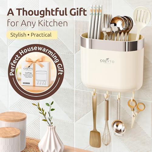 COZYTO LuxTray U1-Pro Wall Mounted Utensil Holder – Kitchen Organizer with Hooks, Dividers & Drain Tray, No-Drill Adhesive Wall Mount Storage, BPA-Free (Cream White & Shiny Silver) - color: Cream White & Shiny Silver