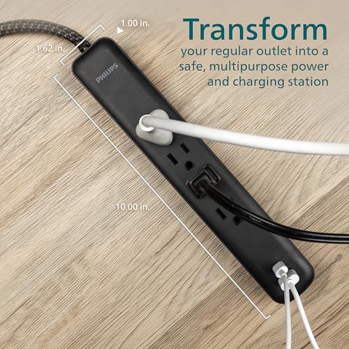 Philips 4-Outlet Surge Protector, 4ft Braided Cord, 1-USB-C, 1-USB-A, Extension Cord, Power Strip, for Home, School, or Office, 15W, 450J, Black, SPP3393B/37 - style: 4 Outlet | USB-C