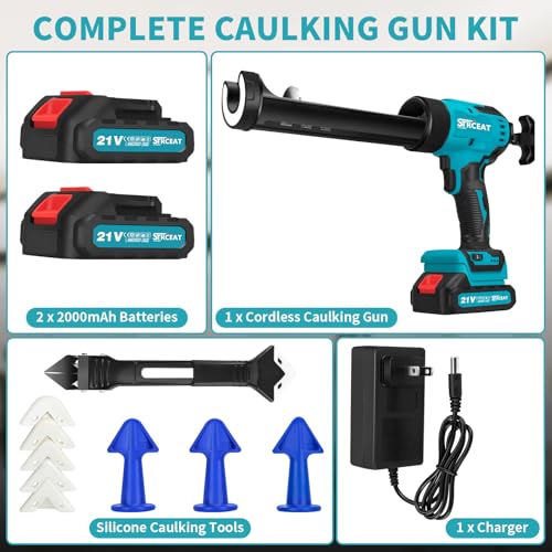 Cordless Caulking Gun, 21V Battery Powered Caulk Gun, Electric Caulking Gun w/2 x 2.0Ah Batteries, 9Pcs Caulk Remover Tool, LED Light, Auto Retract for Filling, Sealing