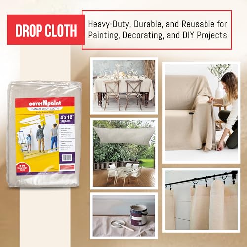 Canvas Drop Cloth by coverNpaint 4x12 (1.22X3.65 M Cut Size) Pack of 1 Reusable Paint Drop Cloth, 100% Cotton, All Purpose Painters Canvas Drop Cloth, Cover for Painter Furniture & Floor Protection