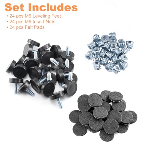 NEWBYTEK 24 Pack M6 Thread Adjustable Furniture Levelers with Self-Adhesive Felt Pads – 1" Leveling Feet & Floor Protectors for Chairs, Tables on Hardwood Floors