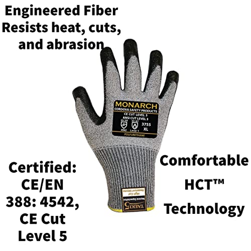 Cordova 3755L Monarch-Hct: 13-Gauge Gloves, Gray High Performance Shell, Black Hct-Nitrile Palm Coating, ANSI Cut Level A3, Large - size: Large
