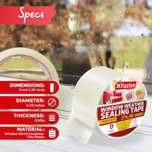 XFasten Window Sealing Tape for Winter 3” x 30 Yards RV Window Stripping for Winter | Heavy-Duty Transparent Weather Sealing Tape for Plastic Window Coverings for Winter, Residue-Free Weather Tape - size: 3" x 30Yds