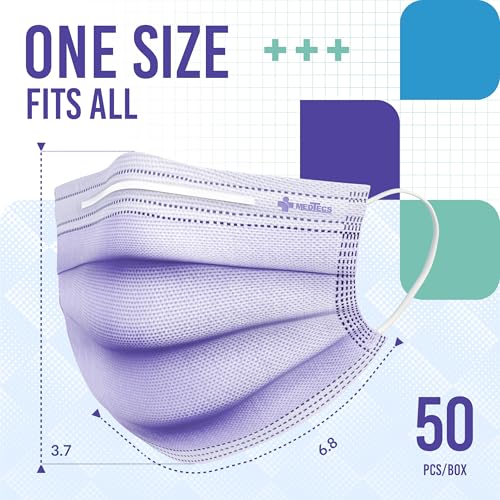 Medtecs Face Mask Disposable – Available in 50 & 2,000 pcs – ASTM Level 1, 3-Ply Breathable, Soft Fit – Adult Size – Ideal for Commuting & Daily Wear - color: 05. Purple, size: Adult - 50PC