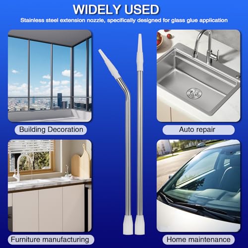 JL&LOVE Two Glass Glue nozzles, one Straight and one Curved,long sausage glue nozzle,stainless steel material,caulking nozzle extension,Sealing for special places
