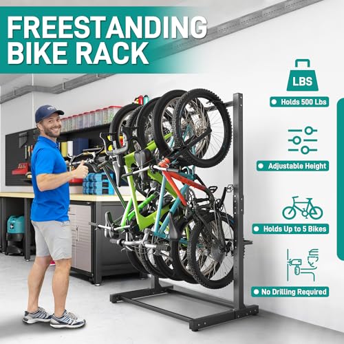 EVERHANGER Freestanding Bike Rack, Vertical Bike Rack Stand for Garage, Bicycle Storage Organizer, Holds Up to 5 Bikes - style: 5 Bike Hooks