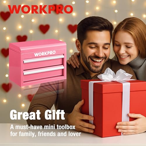 WORKPRO Metal Mini Tool Box, Top Tool Chest containing Two Drawers with Ball Bearing Slides, PVC Drawer Liners and PP Feet Pads, Cold Rolled Steel Small Toolbox for Multi-Purpose Storage - Pink Ribbon - color: Pink