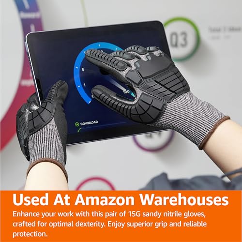Amazon Basics Impact Protection Work Gloves, Cut Level A2, ANSI Level 4 Abrasion, Touchscreen Compatible, 15G Sandy Nitrile Palm, X-Large, Black with Brown Edge - size: X-Large