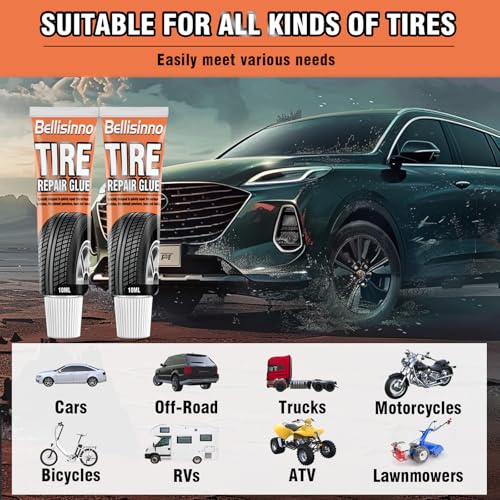 Bellisinno Tire Repair Glue, Sidewall Rubber Cement Kit, Two Sizes Nail, Suitable for Bike, Car, Motorcycle, Off-Road, Truck, Tractor, Black, 10ml*2