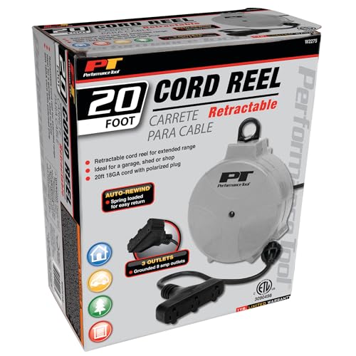 Performance Tool W2275 20' 18GA Retractable Cord Reel with Spring Loaded Auto-Rewind - size: 20 Feet
