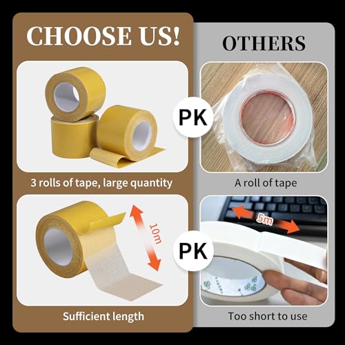 3 Rolls Tearable Double Sided Tape - 2”x 33 Ft Per Roll Heavy-Duty Removable Adhesive No-Scissors Hand-Tear Design Strong Hold No Residue Waterproof Multipurpose Mounting Tape for Carpets Photo Walls