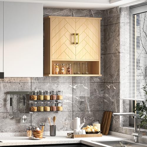 Natural Chevron Pattern Bathroom Wall Mount Cabinet, Gold Accent Hanging Medicine Cabinet with Open Shelf, Over The Toilet Storage Organizer for Home (23 5/8" x 22 7/8" x 7 1/8") - style: Chevron Pattern-Natural