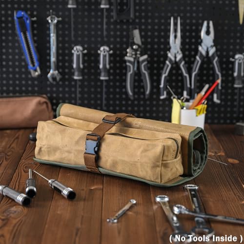 Kaaltisy Tool Roll Organizer, Canvas Wrench Roll with 2 Zippered Pouches + Buckle Closure, Heavy Duty 16oz Waxed Canvas Roll Up Tool Pouch for Wrench Set Chisel Screwdriver | Khaki | 26" L x 12.5" W - color: Khaki