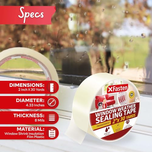 XFasten Transparent Window Weather Sealing Tape, 2-Inch x 30 Yards (50.8mm x 27.43m), Clear Window Draft Isolation Sealing Film Tape, No Residue - size: 2" x 30Yds