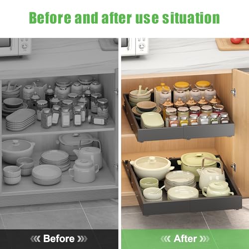 1 Pcs Pull Out Drawers for Cabinets Organizer Expandable Width(11.8"-19.4"), Depth(16.45"-21.7") With 3 Rails, No Drill Roll Out Drawer, Adhesive Sliding Drawers (Black) - color: Black