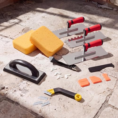 23 Pcs Tile & Grout Tool Sets, Silicone Caulking Remover Tools Stainless Steel Notch Trowel Molded Rubber Grout Float 6 Sponge Angled Tile Saw with 3 Blades for Floor Wall Installation