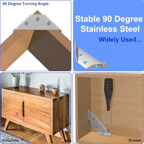 24 Pcs Stainless Steel Corner Brackets with Screws, Angle Connectors for Wood Furniture, Shelves, Chairs, Drawers, Cabinets - size: 24 Pcs