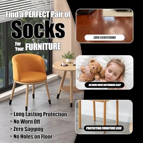 16 PCS Furniture Leg Socks with Hook-and-Loop Fastener - Black Knit Chair Leg Floor Protectors for Hardwood Floors - High-Elasticity Furniture Socks with Fasteners Stays in Place Well - size: 16 Pcs Black With Fasteners