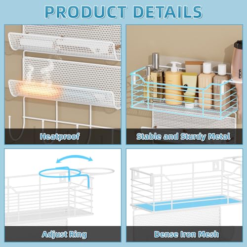 VITVITI Metal Hair Tool Organizer Wall Mount, Hair Dryer Holder with 4 Tier Shelf Basket Hooks, Bathroom Hairs Styling Tool Organizer for Curling Iron/Blow Dryer/Straightener, White - color: 5 Tiers White