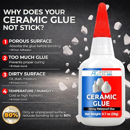 Adhesive Guru Ceramic Glue (4x0.7 oz) Super Glue for Pottery, Porcelain & China Repairs, Waterproof & Odorless After Cure, Non-Toxic, Temperature Resistant, Compatible with Aerosol Activator – 4 Pack - size: 4 Pack, style: Ceramic Glue