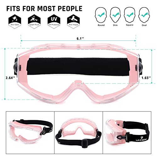 UKNOW Safety Goggles Over Glasses - Anti-Fog Clear Lens - ANSI Z87.1 Certified Eye Protection for Lab Work, Industrial Use - color: Pink