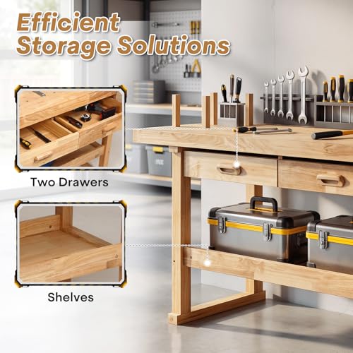 Magshion 60" Rubber Hardwood Work Bench, 500Lbs Load Capacity Heavy Duty Woodworking Table with Solid Oak Vise and Removable Stop Block, Workbench for Garage, Workshop, Home Storage (Natural)