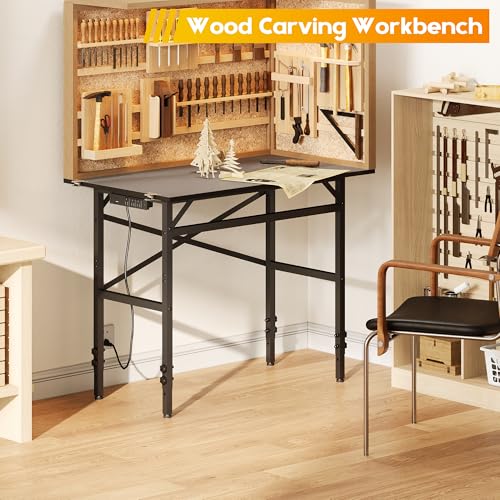 Small Workbench, 1000 Lbs Metal Work Benches for Garage, 38.58" Adjustable Work Table with Power Strip Sewing Table Workshop Home DIY